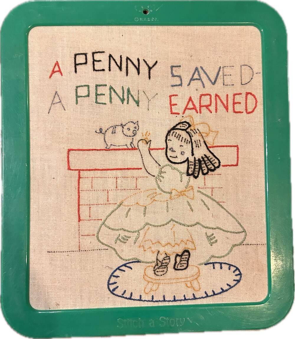 VTG Highland Art Embroidery Stitch a Story Wall Art A Penny Saved A Penny Earned